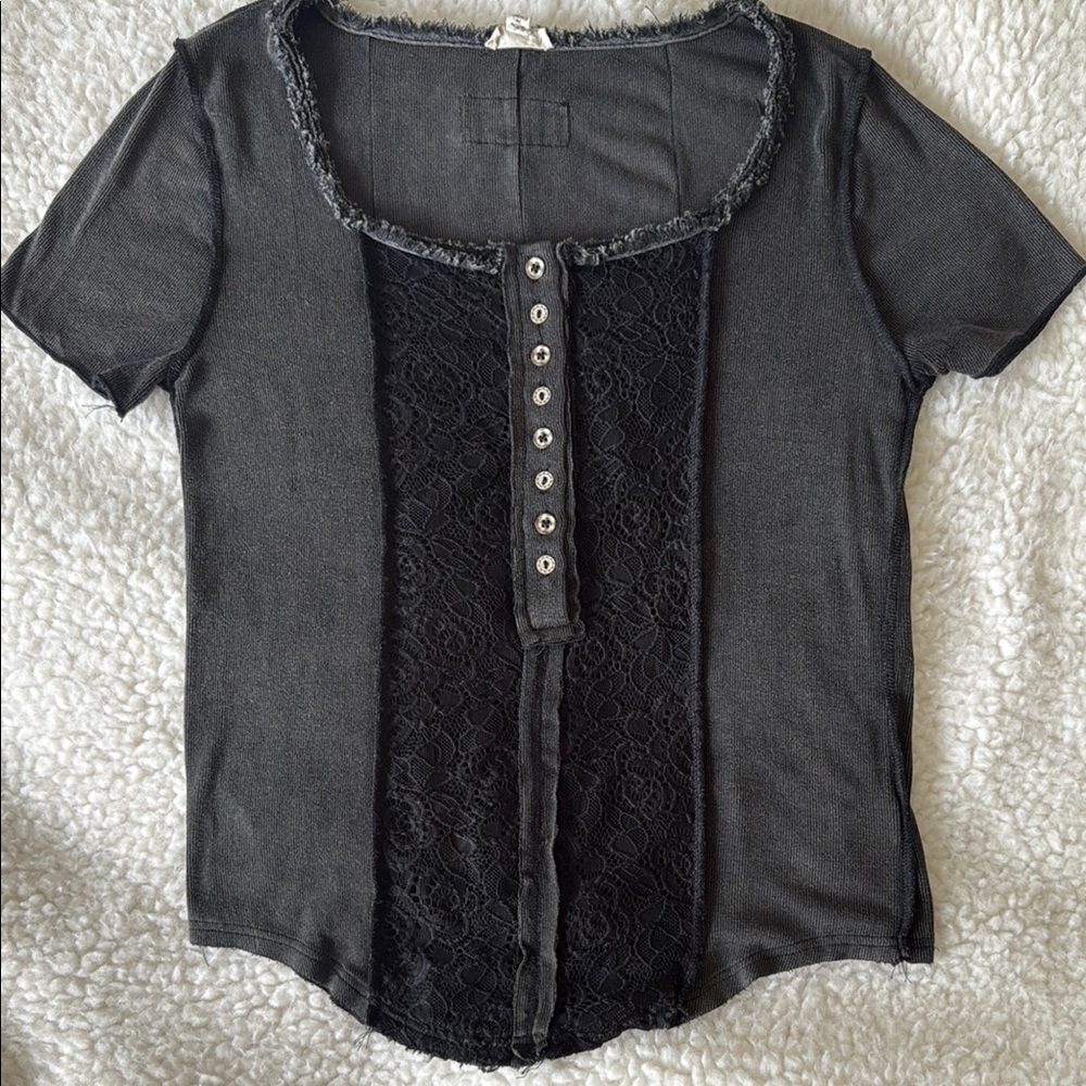 POL Black Short Sleeve Lace-Panel Tee